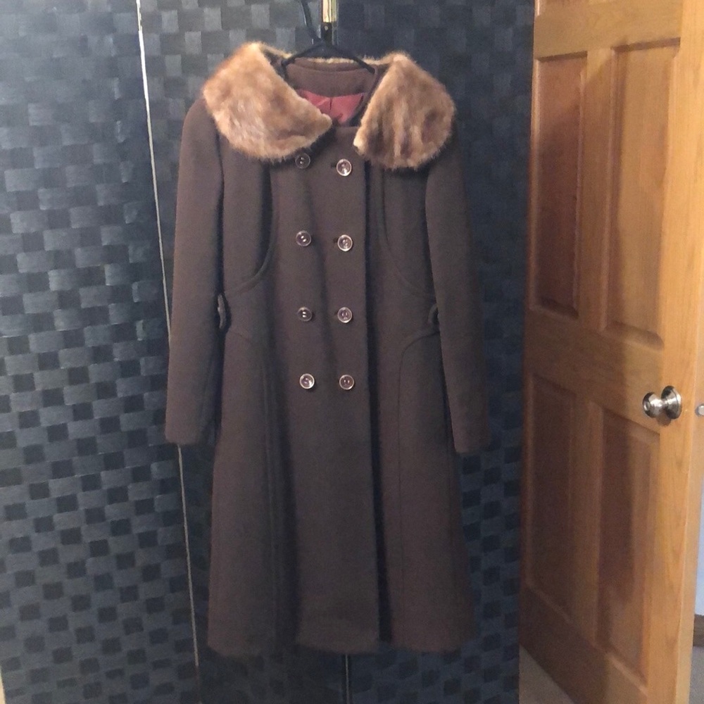 Worlds Best chocolate brown coat 100% pure wool with genuine fur collar